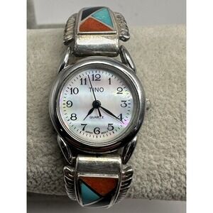Tino Sterling Silver Ladies New‎ Battery Gemstone Inlay 24MM 6" Stretch Band E44